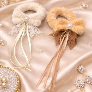 Aesthetic Fur Ribbon Scrunchie with Pearl